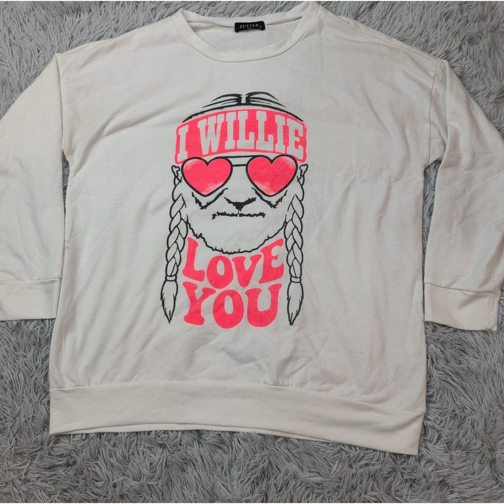 Willie Nelson Sweatshirt Womens L White Lightweight Soft I Willie Love You